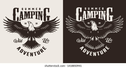 Vintage outdoor recreation label with inscriptions and eagle in monochrome style isolated vector illustration