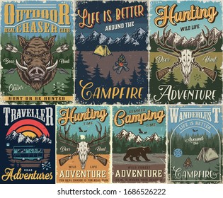 Vintage Outdoor Recreation Posters With Camping Hunting And Road Travel Colorful Covers Vector Illustration