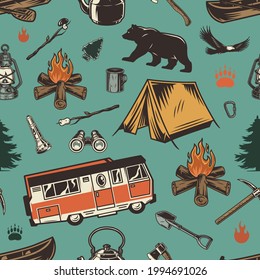 Vintage Outdoor Recreation Seamless Pattern With Colorful Trees Animals Motorhome Camping Tools And Equipment Vector Illustration