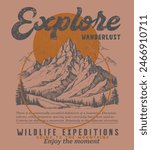 Vintage outdoors mountain print design , Explore the great outdoors, vector mountain with sunset and river, mountain graphic artwork for t shirt and others