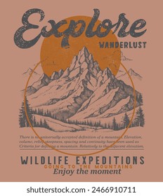 Vintage outdoors mountain print design , Explore the great outdoors, vector mountain with sunset and river, mountain graphic artwork for t shirt and others