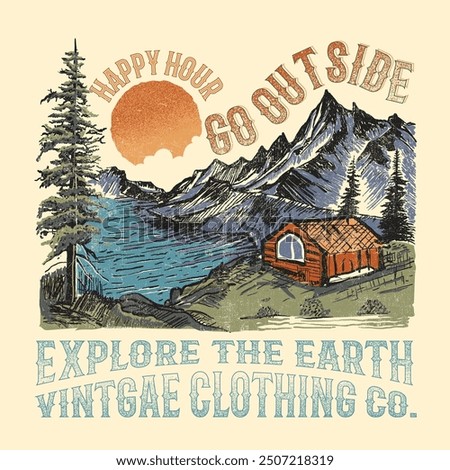 Vintage outdoors mountain print, hand drawn mountain art illustration, Grunge effects slogan text print , t-shirt design for mountain vibes, vintage retro color tee.. eps
