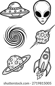 Vintage Weltraum-Set, Not-Tattoo Stil Alien, UFO, detaillierte Saturn Planet, kosmische Spirale, flammende Rakete, und Asteroid