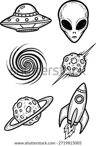 Vintage outer space set, distressed tattoo style alien, UFO, detailed Saturn planet, cosmic spiral, flaming rocketship, and asteroid