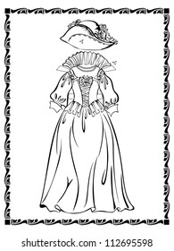 Vintage outfit lady dress with the basques and hat. See other vintage outfits and doll in my portfolio. coloring book