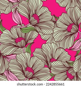 Vintage outline flower endless background. Delicate floral line seamless pattern. Design for fabric, textile print, wrapping, cover. Vector illustration