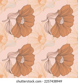 Vintage outline flower endless background. Delicate floral line seamless pattern. Design for fabric, textile print, wrapping, cover. Vector illustration