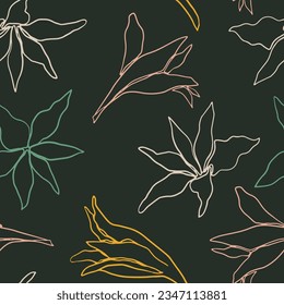 Vintage outline Flowers. Nature concept. Hand drawn romantic seamless pattern. Elegant floral design for textile, fabric, print, card, wallpaper. Botanical blooming flower pattern. Vector illustration