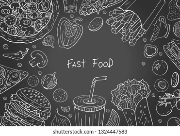 Vintage outline horizontal black background  with fast food elements. Vector fast food collection for cafe menu