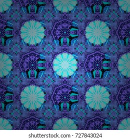 Vintage outline illustration. Floral blue, violet and neutral seamless pattern. Vector flower print.