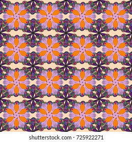 Vintage outline illustration. Floral orange, pink and beige seamless pattern. Vector flower print.