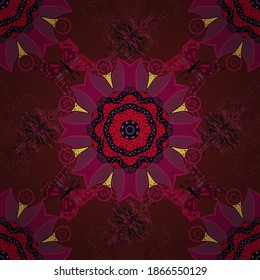 Vintage outline illustration. Floral red and brown seamless pattern. Vector flower print.