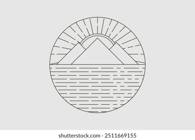 A vintage outline logo showcasing mountains, sea waves, sun, and moon. This design embodies the simplicity and harmony found in nature's enduring elements