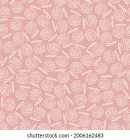 Vintage outline Roses seamless pattern. White flowers on pale pink background. Hand drawn Garden Plants. Floral vector background for romantic fashion print design, fabric, textile, scrapbooking