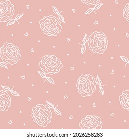 Esquema vintage Roses patrón sin fisuras. Flores blancas de fondo rosa pálido. Planta de jardín dibujada a mano. Fondo vectorial floral para el diseño de la moda romántica, tela, textil, scrapbooking