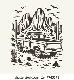 Vintage Outline Pickup Truck in Deserto Paisagem Linha Arte Ilustração