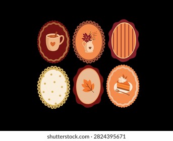 Vintage Oval Autumn Frames with Pie Coffee and Leaves
