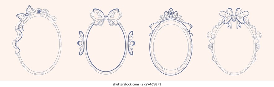 Vintage oval blue frames set with coquette ribbon bows isolated on background. Vector illustration of antique picture or mirror decoration with floral ornament and elegant swirls, baroque aesthetic