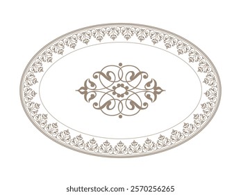 Vintage Oval frame arabesque in Victorian style. Oriental porcelain plate with golden pattern on white background. Plate with large floral element in center. Pattern frame for oval ceramics, textiles