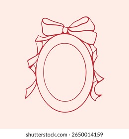 Vintage oval frame with bow in red color. Hand drawn illustration in sketch style. Outline vector. Charming Ink Doodle for Valentine or Wedding Illustration. Vector illustration