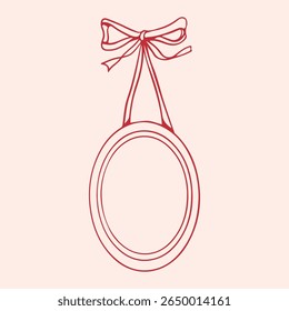 Vintage oval frame with bow in red color. Hand drawn illustration in sketch style. Outline vector. Charming Ink Doodle for Valentine or Wedding Illustration. Vector illustration
