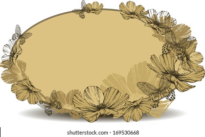 Vintage oval frame with flowers and butterflies. Vector illustration