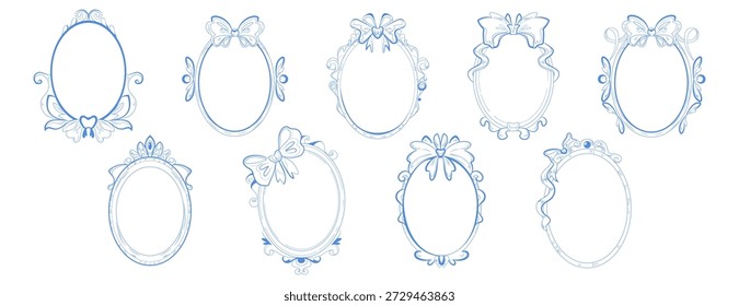 Vintage oval frames set with coquette ribbon bows isolated on white background. Vector illustration of antique picture or mirror decoration with floral ornament and elegant swirls, baroque aesthetic