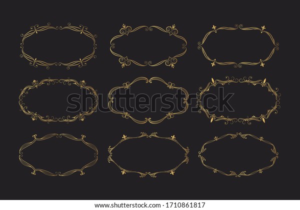 Vintage oval golden frames set. Gold filigree\
borders.  Vector isolated swirl elements. Royal wedding invitation\
card calligraphic\
decor.