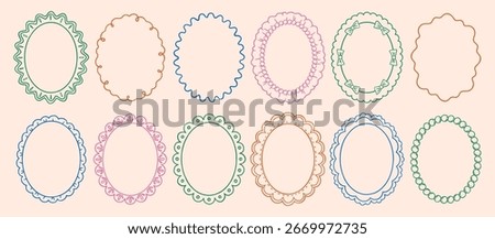 Vintage oval lace frames, frill, scallop, wavy set. Whimsical wedding or valentine decor borders. Hand drawn victorian vector decorative elements