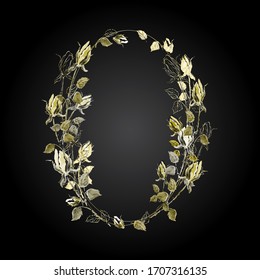 Vintage oval vertical frame. Vector illustration with hand-drawn gold roses, leaves on a black background. Use for decoration greeting cards, invitations, etc.