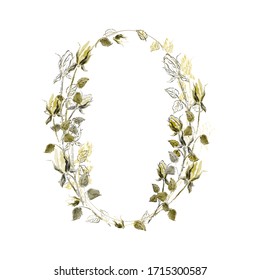 Vintage oval vertical frame. Vector illustration with hand-drawn gold roses, leaves on a white background. Use for decoration greeting cards, invitations, etc.