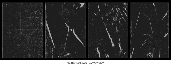 Vintage overlay textures with folded paper look, distressed scratches, dusty grunge marks, torn edges, and punk style creases. Ideal for damaged film frames, retro effects, or raw design. Vector.