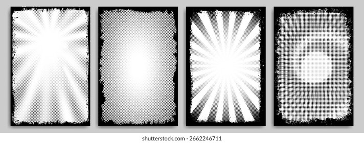 Vintage overlay torn paper texture, grunge frame, photo cover, comic background and business banner with halftone sun light burst. Cardboard, watercolor silhouette and dirty paint brush stroke filter.
