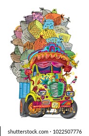 An vintage overloaded indian lorry is full of cargo. An indian truck covered with traditional decoration elements.  Cartoon. Caricature.