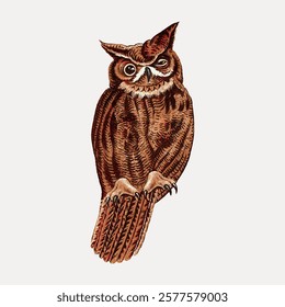 Vintage owl bird. Owl bird animal wild life vector illustration. Vintage owl bird animal art drawing illustration, old painting art print. Vintage isolated vector.