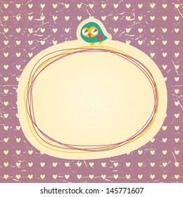 Vintage owls doodle frame and hearts seamless background. Hand drawn vector illustration.