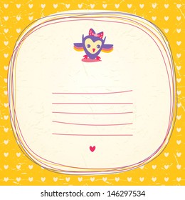 Vintage owls doodle frame and hearts seamless background. Hand drawn vector illustration.