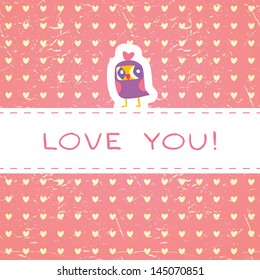 Vintage owls greeting card and hearts seamless background. Place for text. Hand drawn vector illustration. Template for design cartoon greeting card, Valentines day background