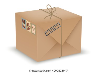 Vintage package. Parcel post. Realistic package. Stamps with flowers. Printing with place for your text. Vector graphics. White background
