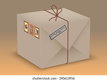 Vintage package. Parcel post. Realistic package. Stamps with flowers. Printing with place for your text. Vector graphics.