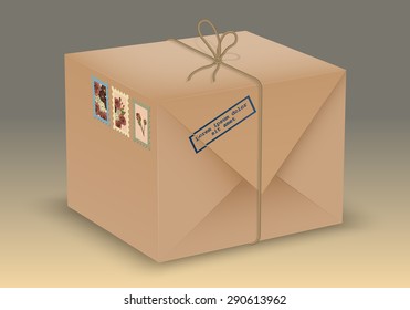 Vintage package. Parcel post. Realistic package. Stamps with flowers. Printing with place for your text. Vector graphics.