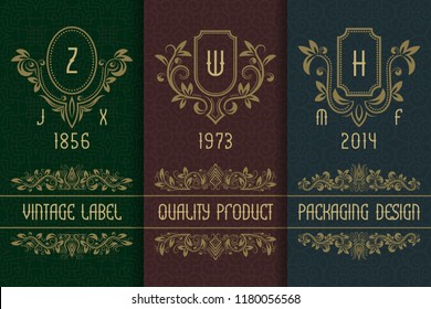 Vintage packaging design with monograms logos. Set of labels templates for quality product.