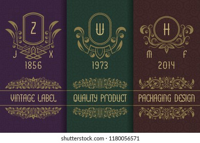 Vintage packaging design with monograms logos. Set of labels templates for quality product.