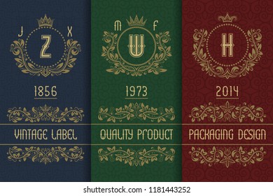 Vintage packaging design with royal monograms. Set of labels templates for quality product.