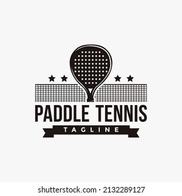 Vintage Paddle Tennis logo, paddle racket and the net logo icon vector on white background