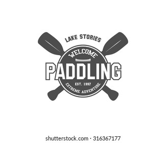 Vintage paddling, kayaking, canoeing camp logo, labels and badges. Stylish Monochrome outdoor design. Outdoor activity theme. Can be use for camp, equipment store. Vector illustration