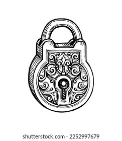 Vintage padlock. Ink sketch isolated on white background. Hand drawn vector illustration. Retro style.