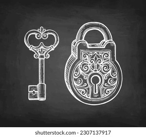 Vintage padlock and key. Chalk sketch on blackboard background. Hand drawn vector illustration. Retro style.