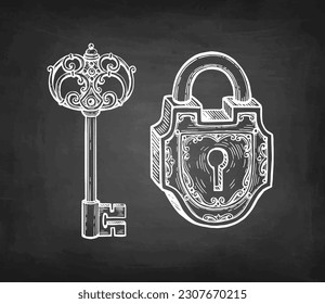 Vintage padlock and key. Chalk sketch on blackboard background. Hand drawn vector illustration. Retro style.