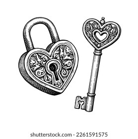 Vintage padlock and key decorated with heart shaped ornament. Valentine day design. Hand drawn ink sketch. Retro style.